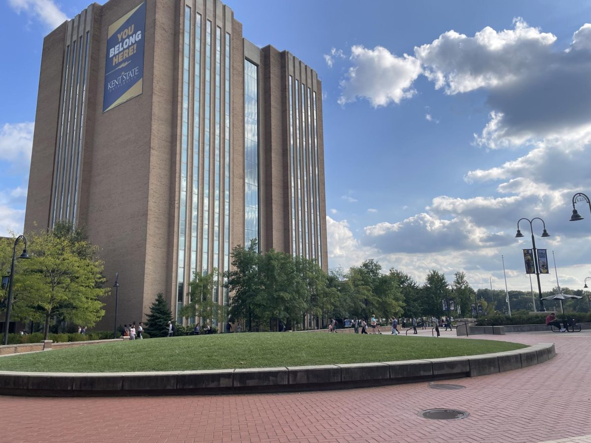 The hustle and bustle of campus on a sunny day outside of the library. 