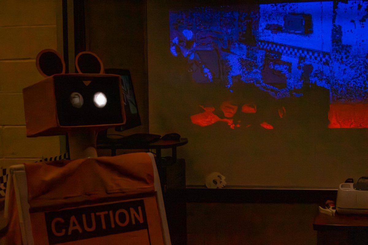 The Student Multimedia Studio is decorated in the image of Five Nights At Freddy's where students could come in and use devices to play the game on monitors at the University Library Halloween Party on Friday, Oct. 27, 2023.