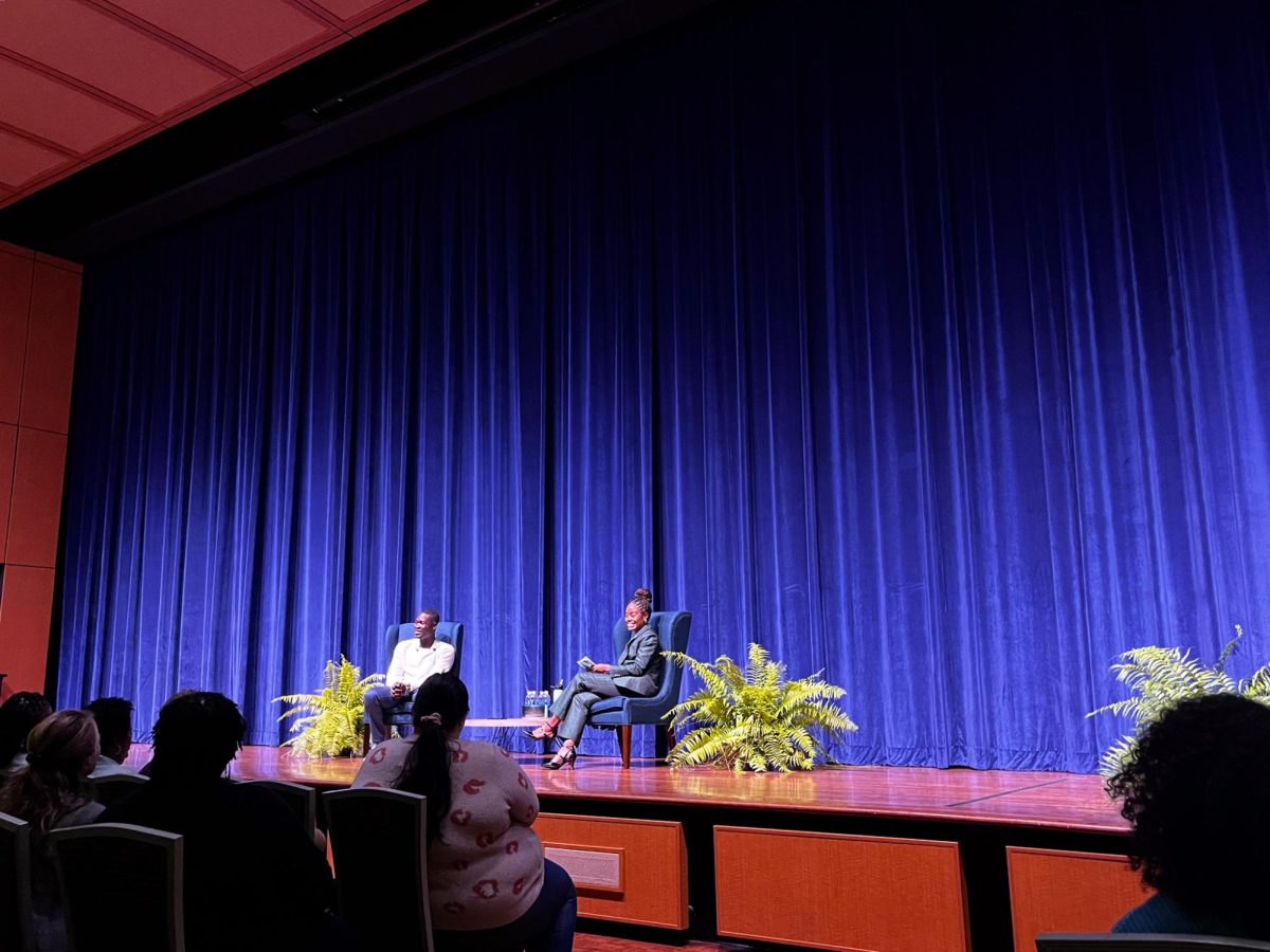 Kier Gaines (left) and Angelique Daniels (right) field welcome the crowd at Kent State's Mental Health Campaign Kickoff Oct. 10, 2023