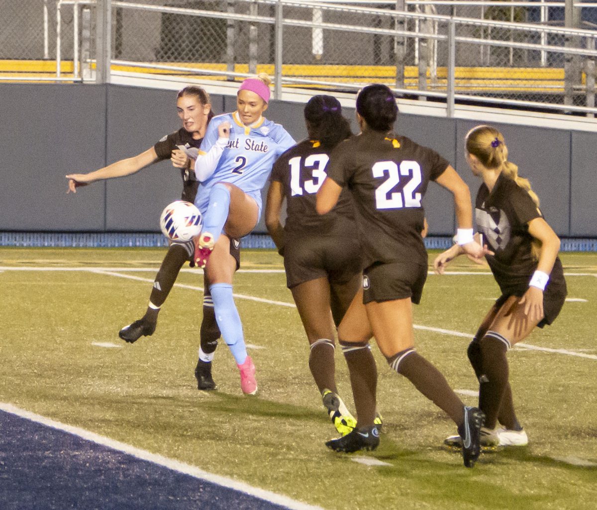 Kent State senior Callie Cunningham attempts a shot on goal as four Western Michigan defenders close in on Oct. 19, 2023.