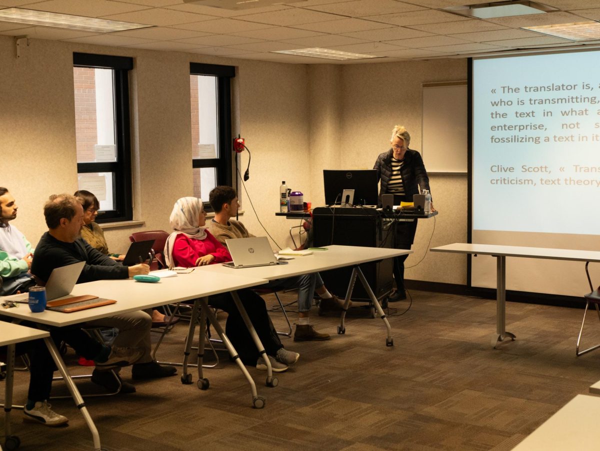 Véronique Béghain discusses the French translations of works of literature for an audience of students and faculty in Satterfield Hall Oct. 20, 2023.