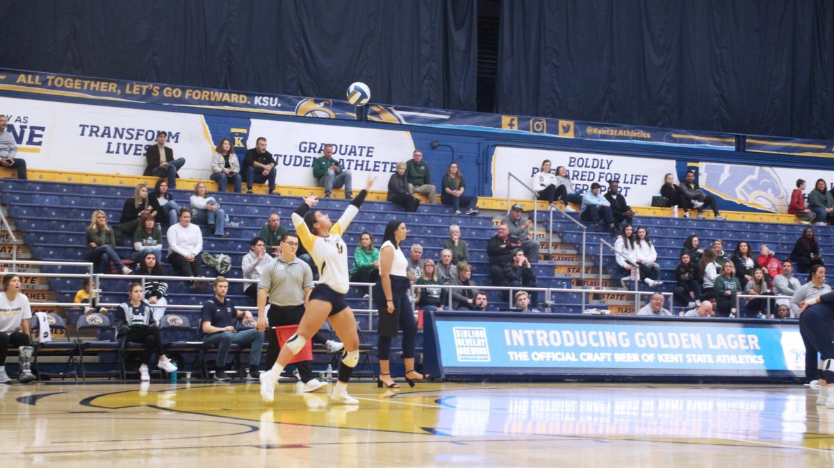 Senior outside hitter Karina Salinas serves the ball at the Kent State vs. Ohio University volleyball game Nov. 15, 2023.