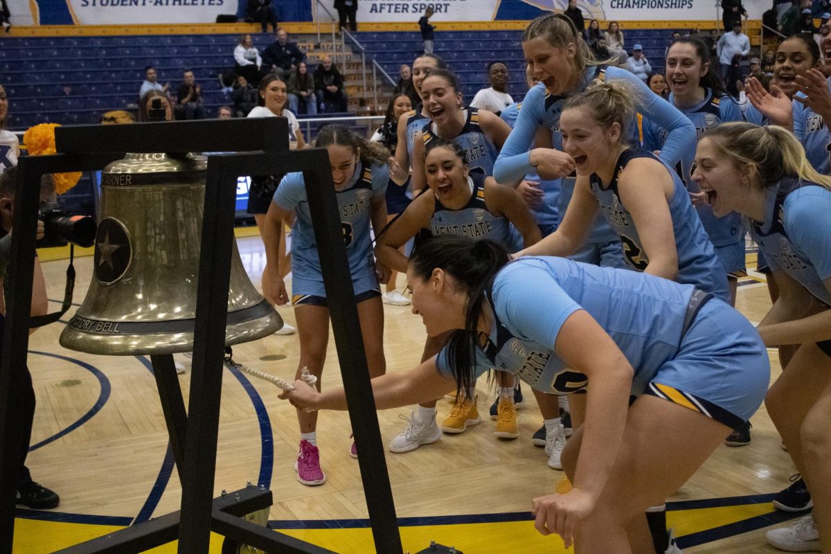 Mikala Morris rings the victory bell on Nov. 29, 2023 after the Golden Flashes win the game against Coppin State University.