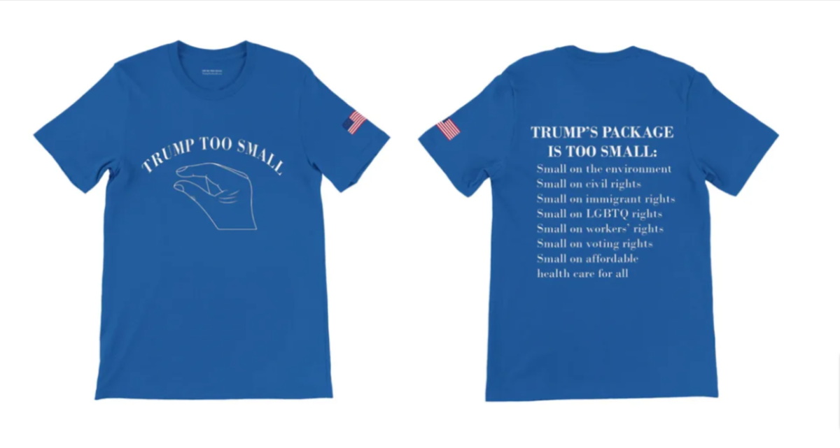 This photo taken from the website trumptoosmall.com shows the phrase “Trump too small” as a slogan for T-shirts and hats.