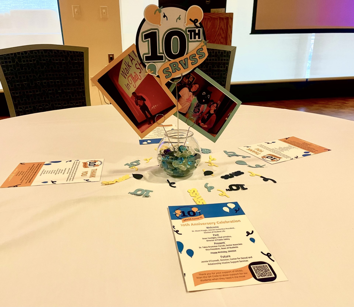 Tables sit decorated for SRVSS' 10th anniversary in the Student Center balcony ballroom. 