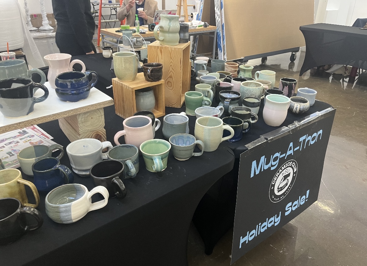 Ceramics Club's mugs for sale at the School of Art's Annual Holiday Art Sale on Dec. 8, 2023. 