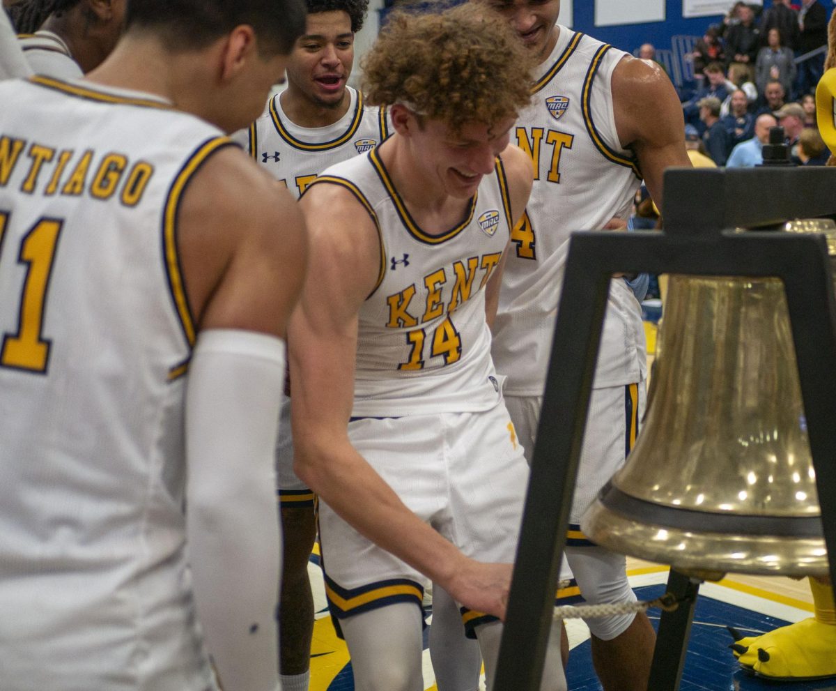 Sophomore forward Magnus Entenmann rings the Victory Bell following the Kent State's 82-69 win over Ball State on Jan. 2, 2023. Entenmann, from Dresden, Germany, netted his career high in points and minutes against the Cardinals.  