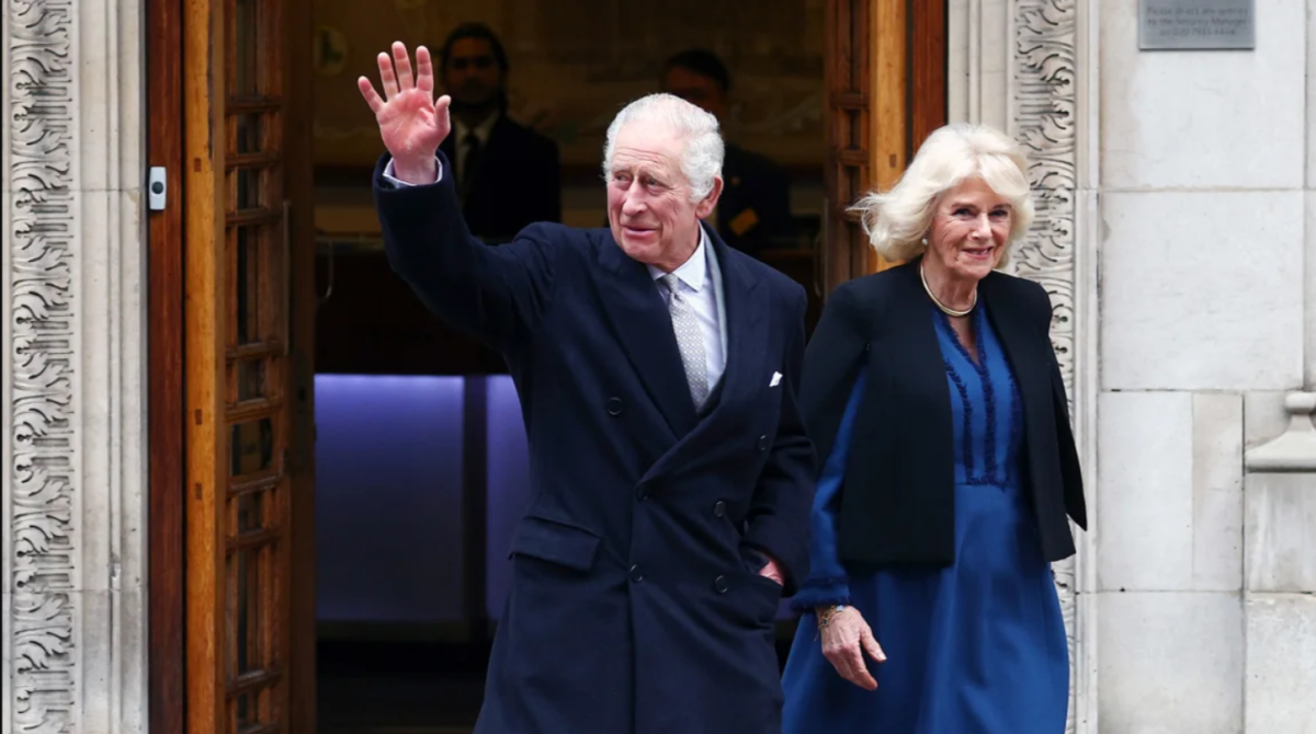 Britain's King Charles III and Queen Camilla are seen leaving the London Clinic on Monday.
