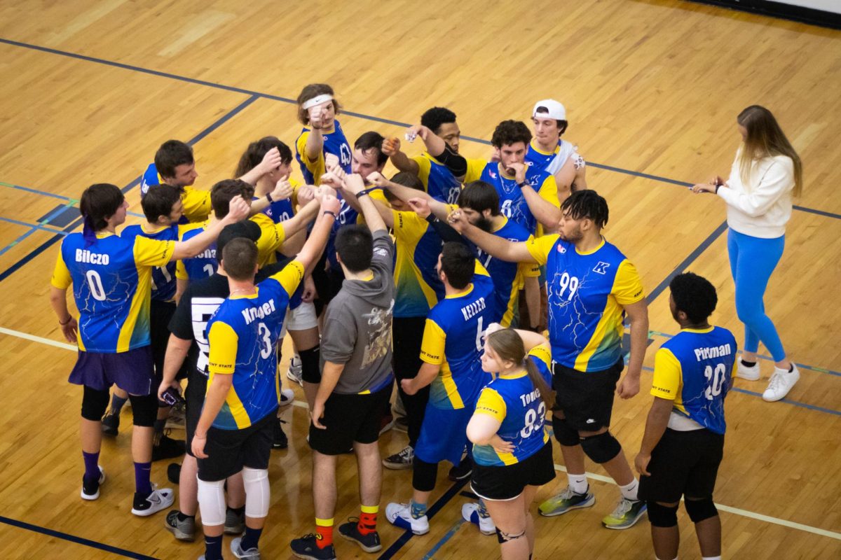 The Kent State club dodgeball team comes together during the Summit Street Slug Fest on Jan. 28, 2024.