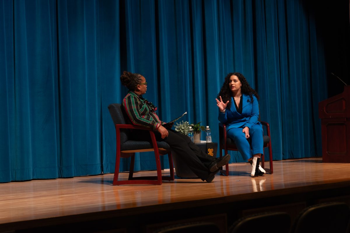 Moderator Charmaine Crawford and Victoria Alexander at the "Black Identity Unveils: Victoria Talks" Monday night in the Kiva. 