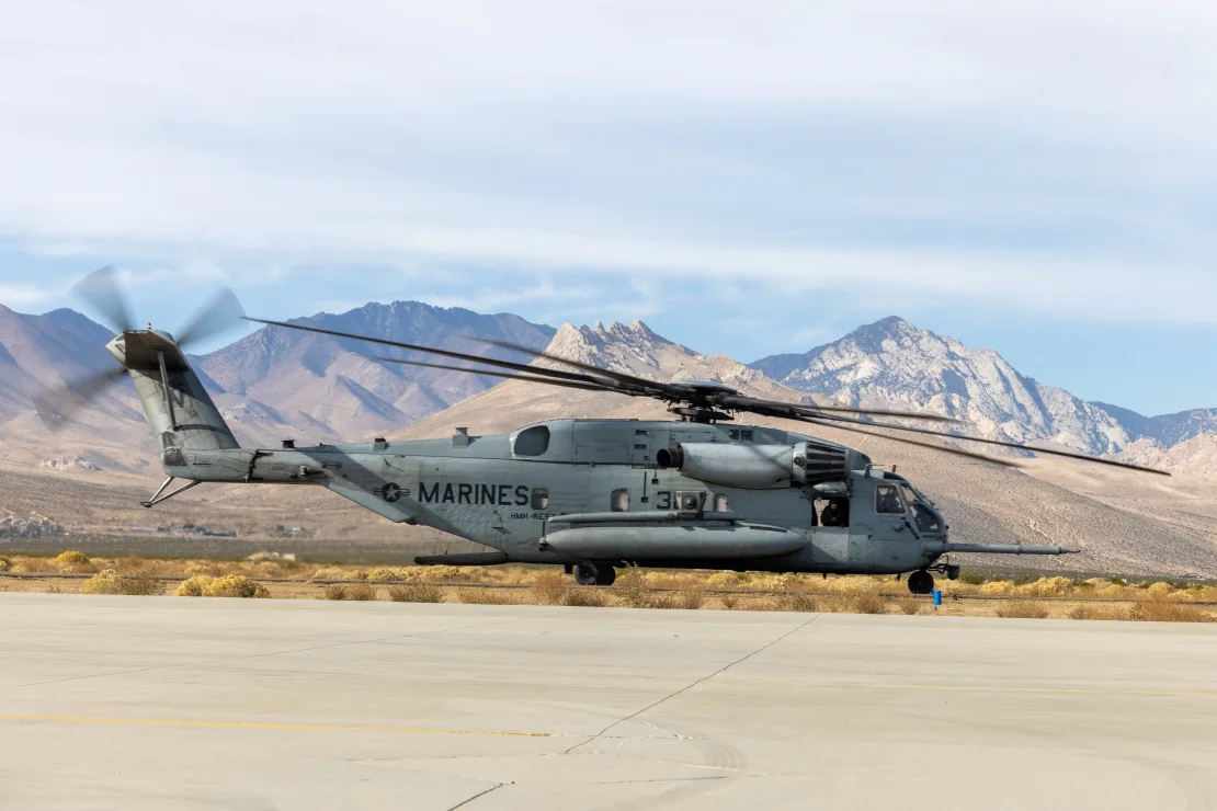 A CH-53E Super Stallion helicopter taxies in 2023 at Inyokern Airfield, California. 