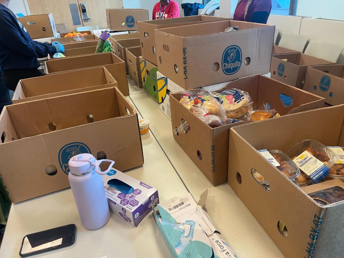 Volunteers sort through items on Feb. 9, 2024, at the Flashes Fighting Hunger pantry in the Tai-towers rotunda.