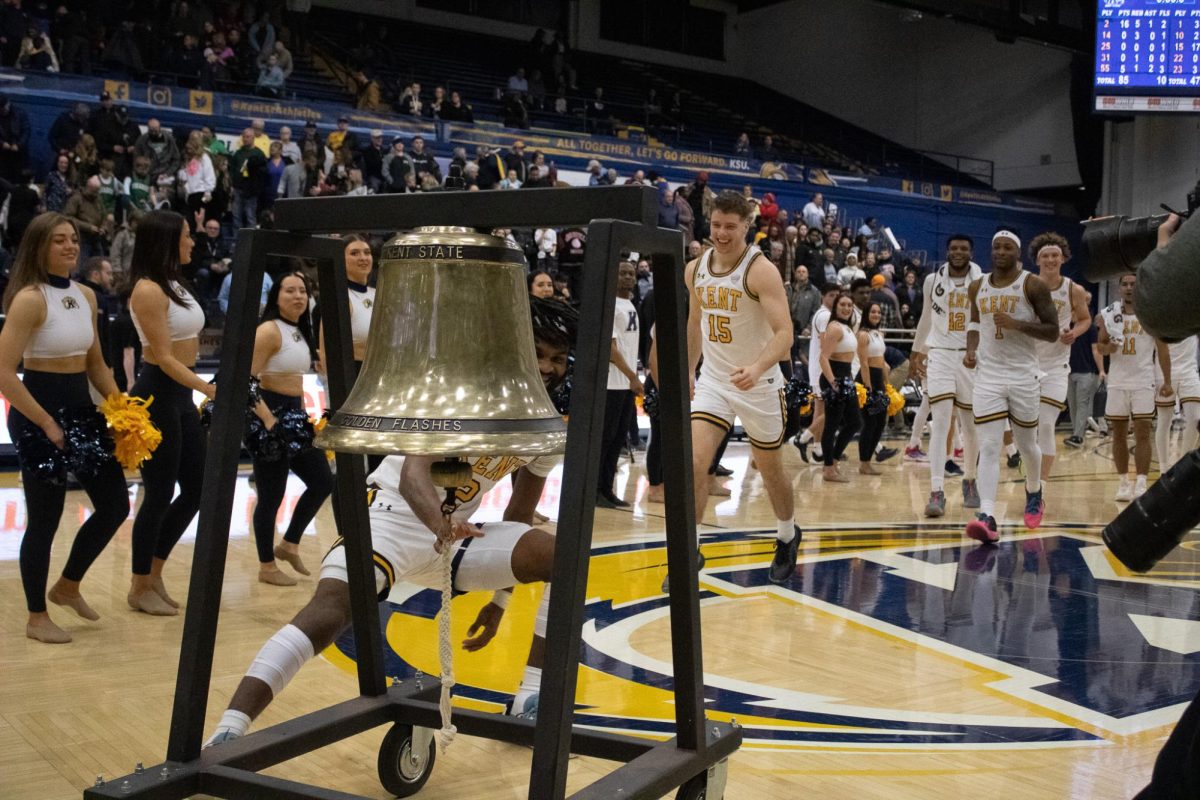 Kent State men's basketball heads for the victory bell after they beat Northern Illinois University at home 85 to 47 on Feb. 17, 2024.