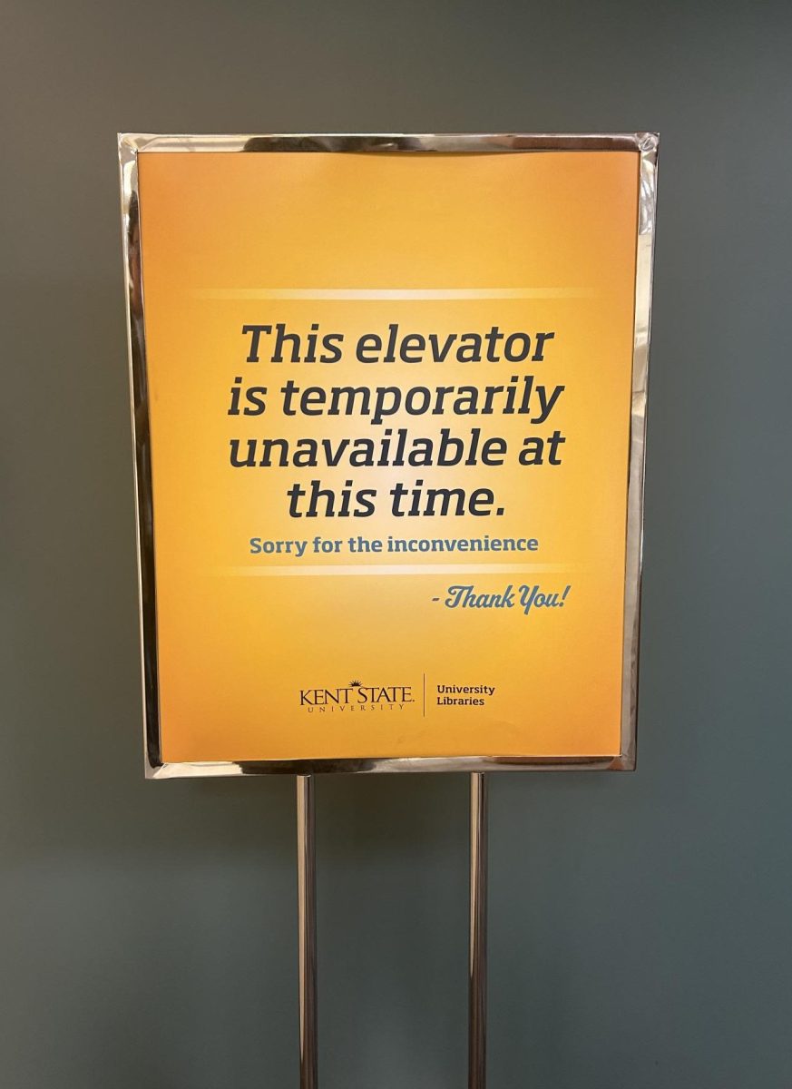 A sign outside of an elevator at the Kent's campus University Libraries indicates the elevator's closure on Feb. 15, 2024.