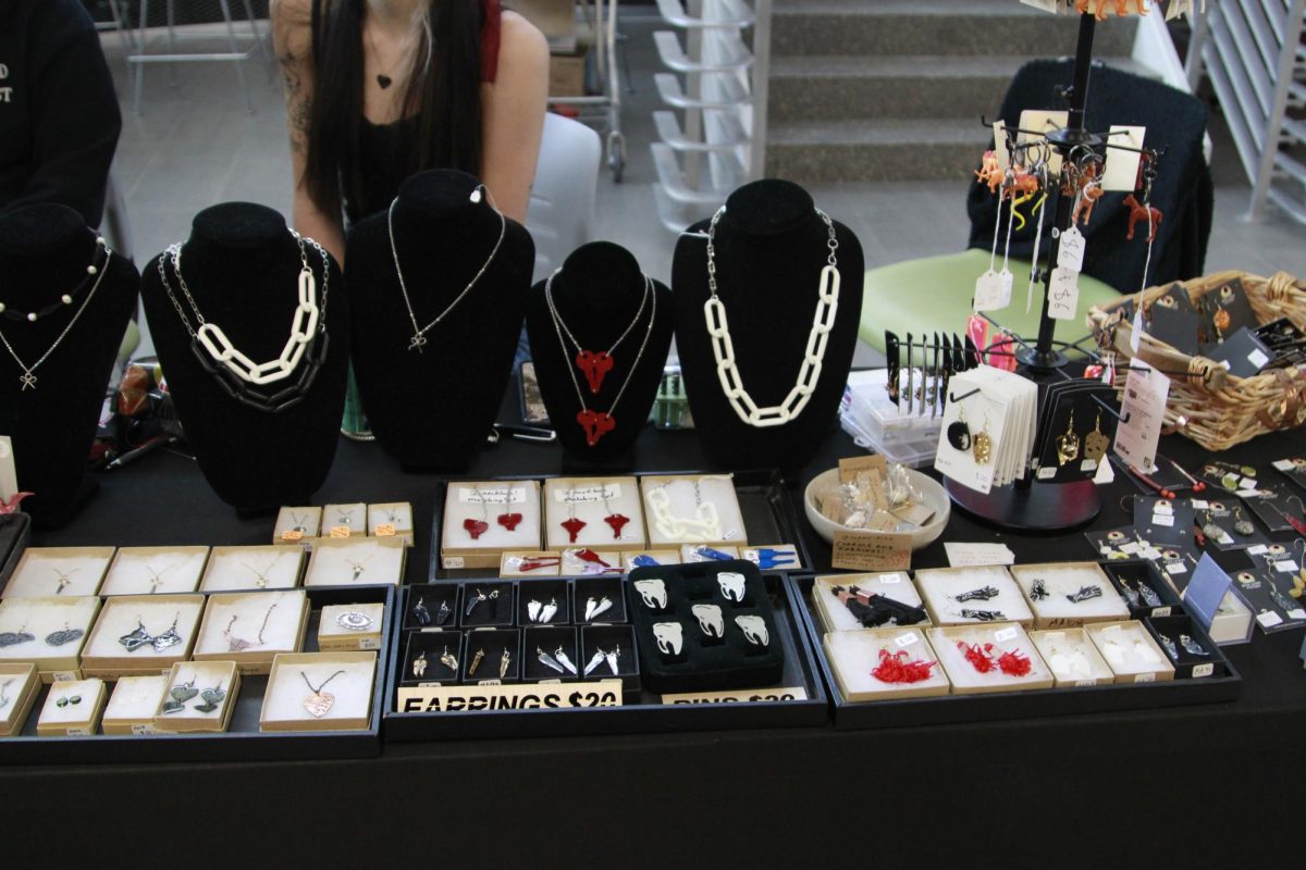 Handmade jewelry sits on display at Kent State Art Club's annual Valentine's Day sale Feb. 9, 2024 