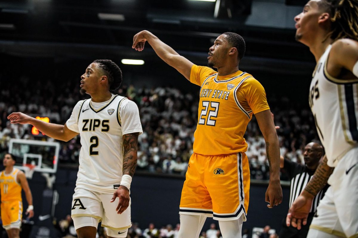 Guard Tyem Freeman follows through after his shot in the second half of the game against Akron on Feb. 23, 2024.