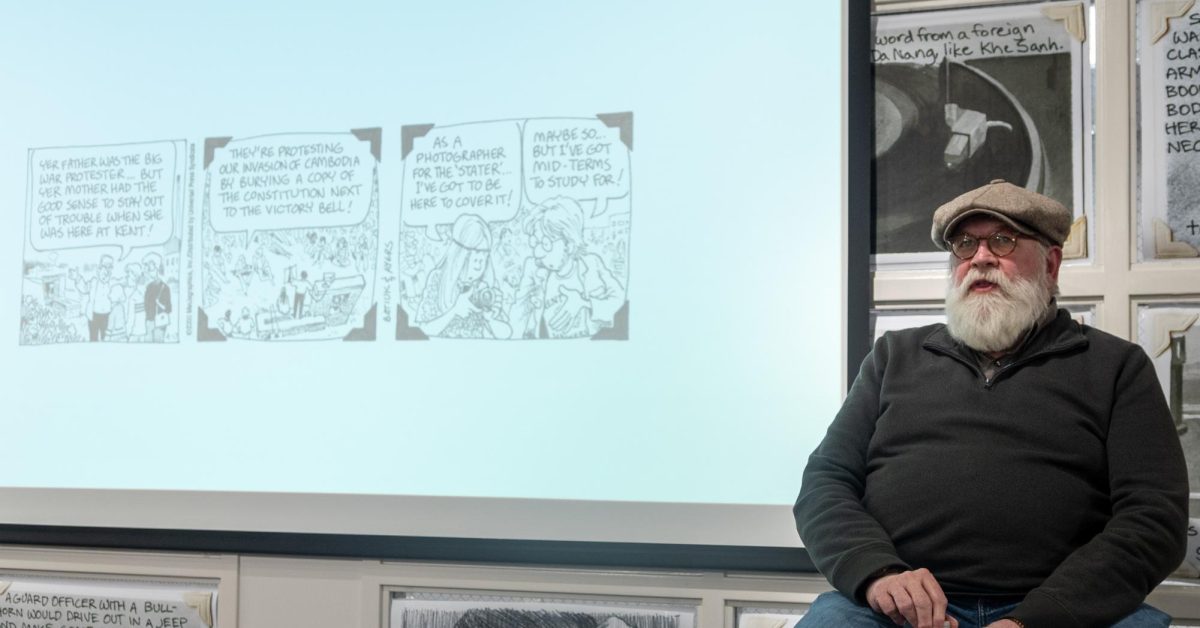 Chuck Ayers discusses the background of Pam and... (Chuck used Pam as a vessel for his experiences on May 4th) during the Opening Dialogue series, Graphic Content: Comics of May 4th, at the May 4th Visitor's Center on March 20, 2024.