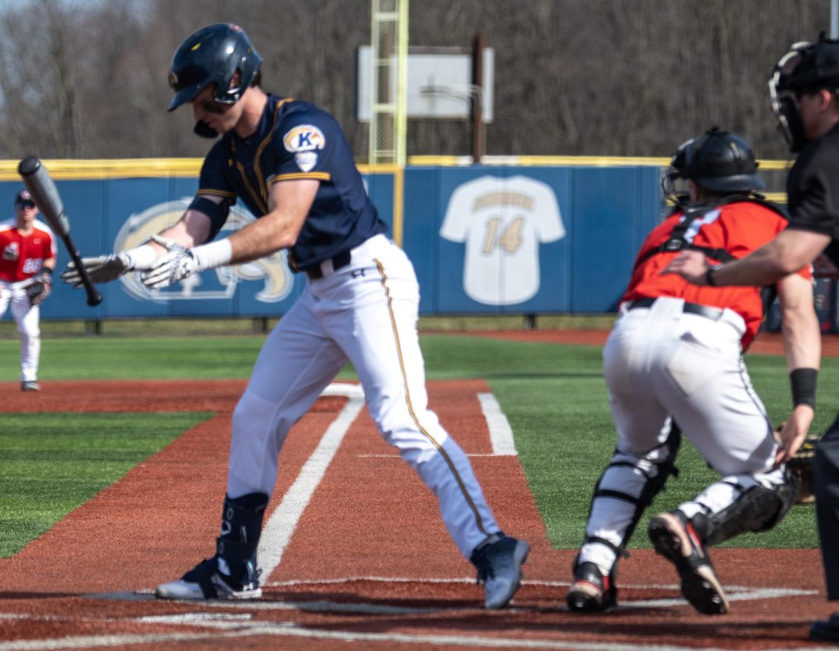 Jake Casey tosses his bat towards the Kent State dugout after being hit by a pitch in the second inning of the Golden Flashes' 27-0 blowout of Youngstown State March 12, 2024.