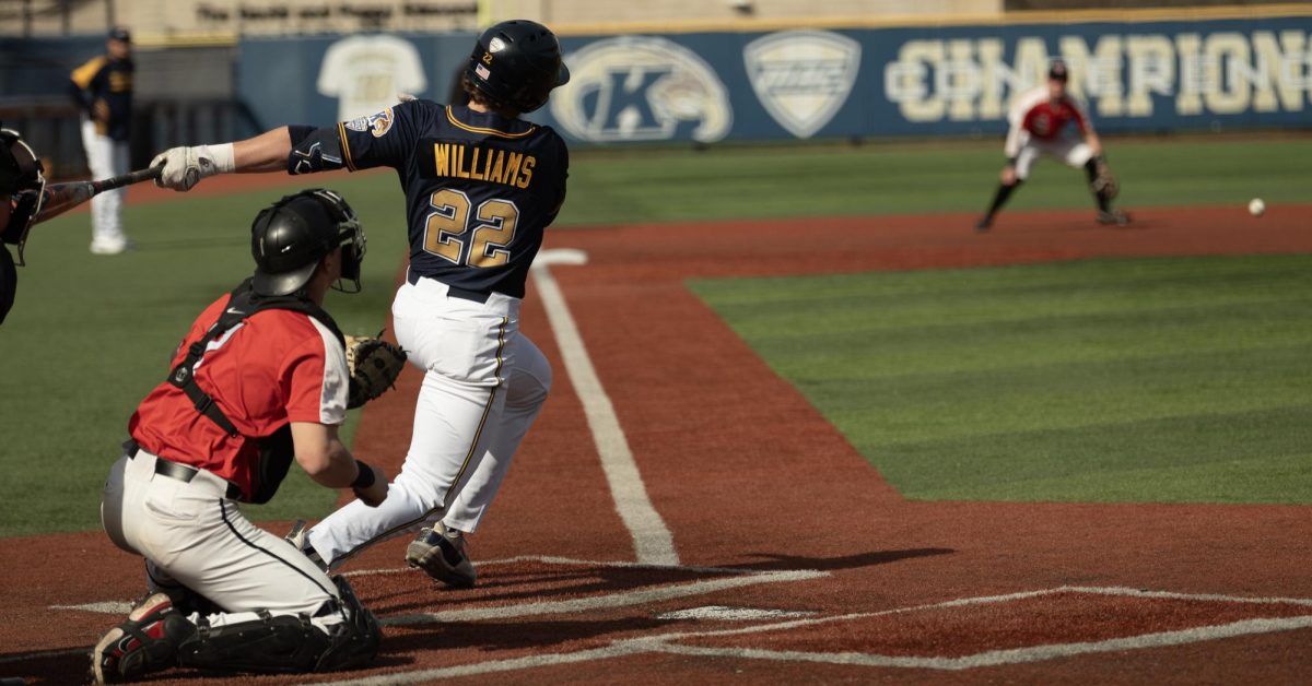 Catcher Brody Williams makes solid contact but grounds out to Youngstown State Third Baseman Matt Thompson in the second inning of the Golden Flashes' 27-0 blowout of Youngstown State on March 12, 2024.