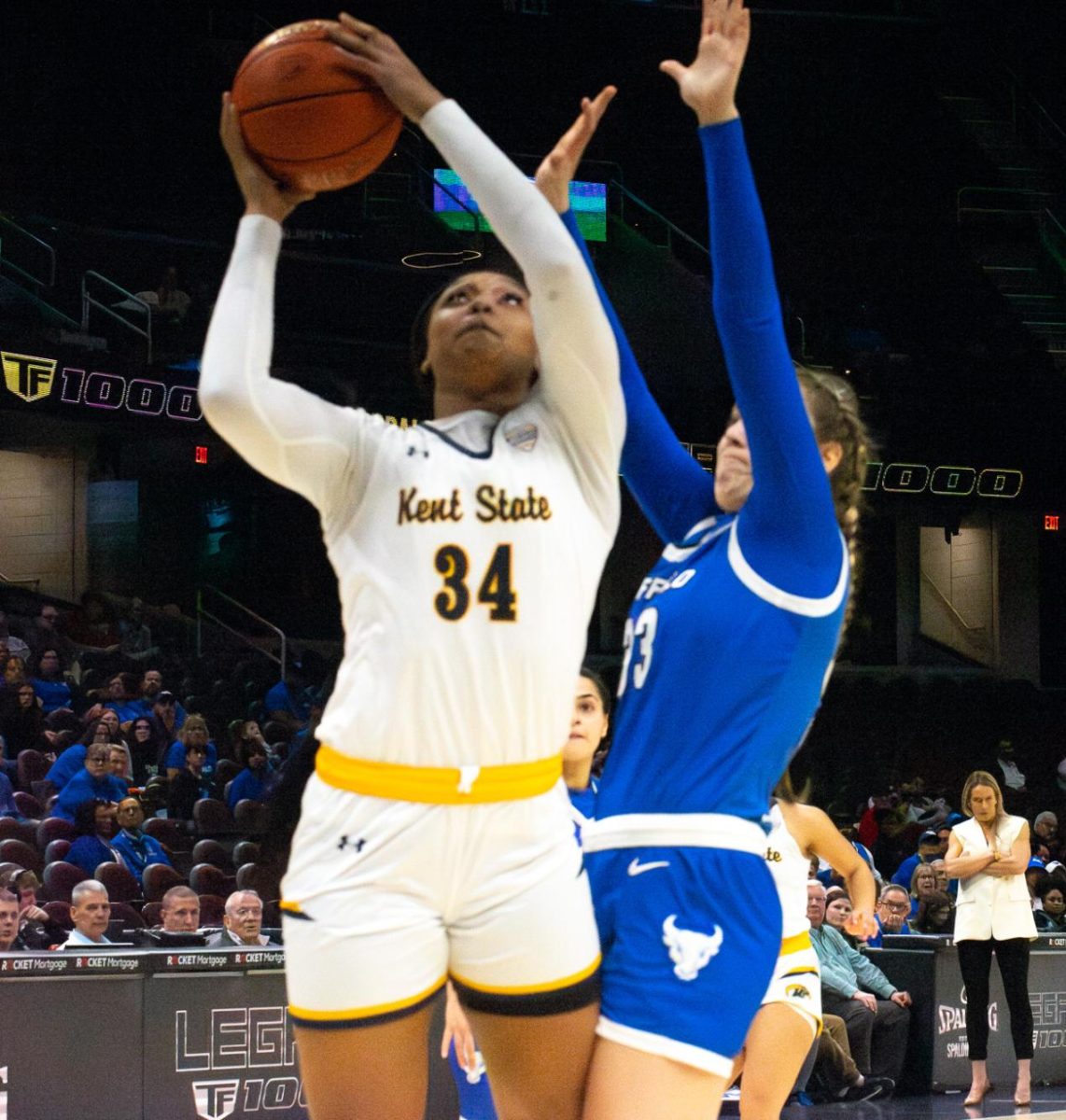 Kent State freshman Janae Tyler shots a layup in the MAC Women's Basketball tournament championship game against Buffalo on Saturday, March 16, 2024. 