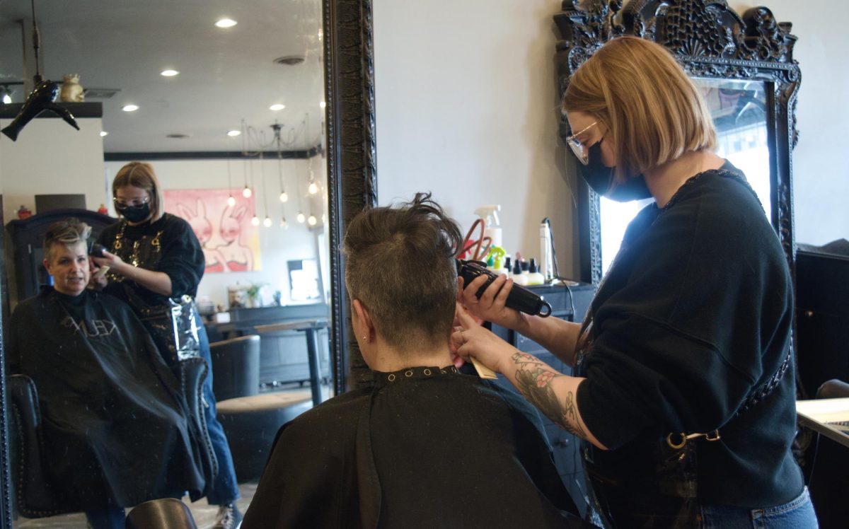 Savannah Guastaferri cuts and styles Lauren Westfall’s hair at Skullz Salon, Kent Ohio on March 22, 2024.