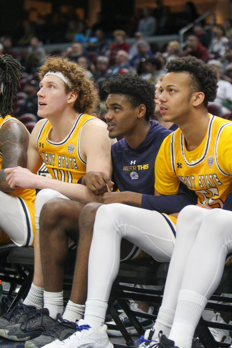 The Men's Basketball team looking intense as the clock counts down on their upset win against Toledo during the MAC quarterfinals on March 14, 2024