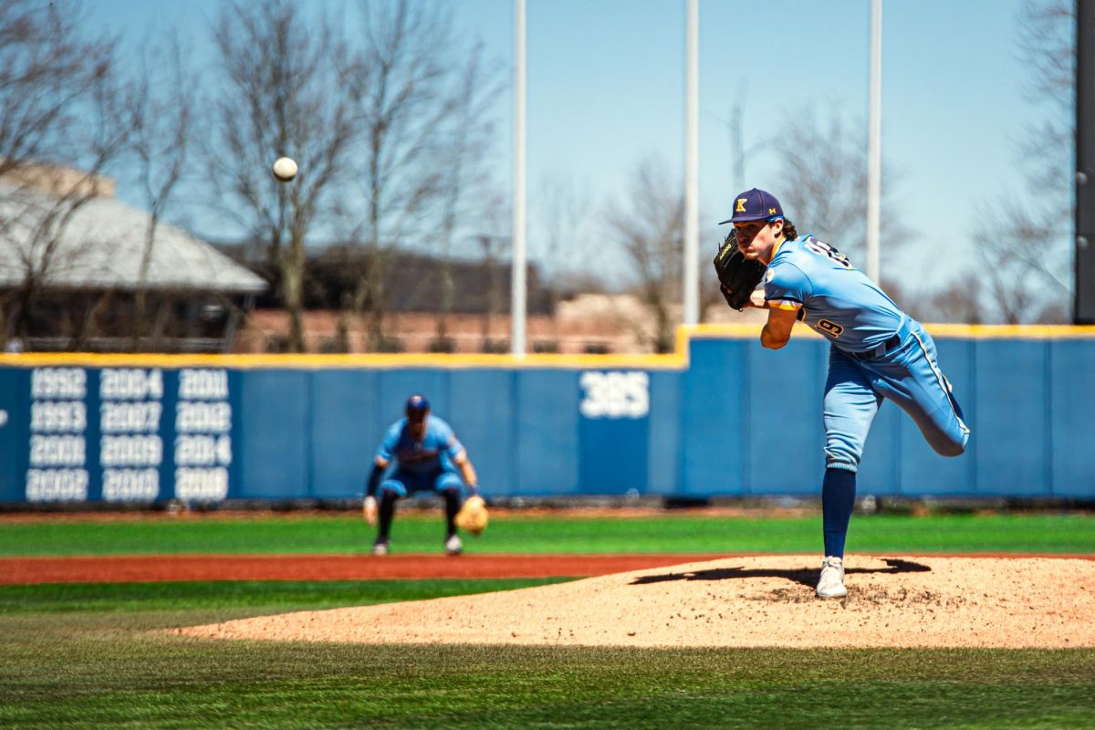 Junior Eric Chalus pitches a ball toward an East Michigan batter on April 7, 2024.