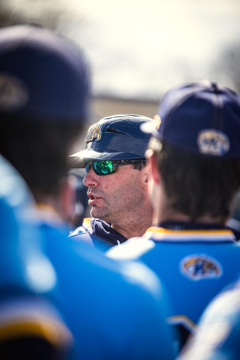 Head Coach Jeff Duncan addresses the Kent baseball team after winning against East Michigan on April 7, 2024.