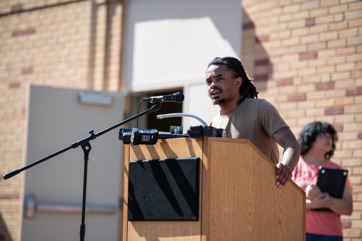 Julian Grimes, a junior and president of BUS, speaks during the press conference about the need for voter participation April 16, 2024.