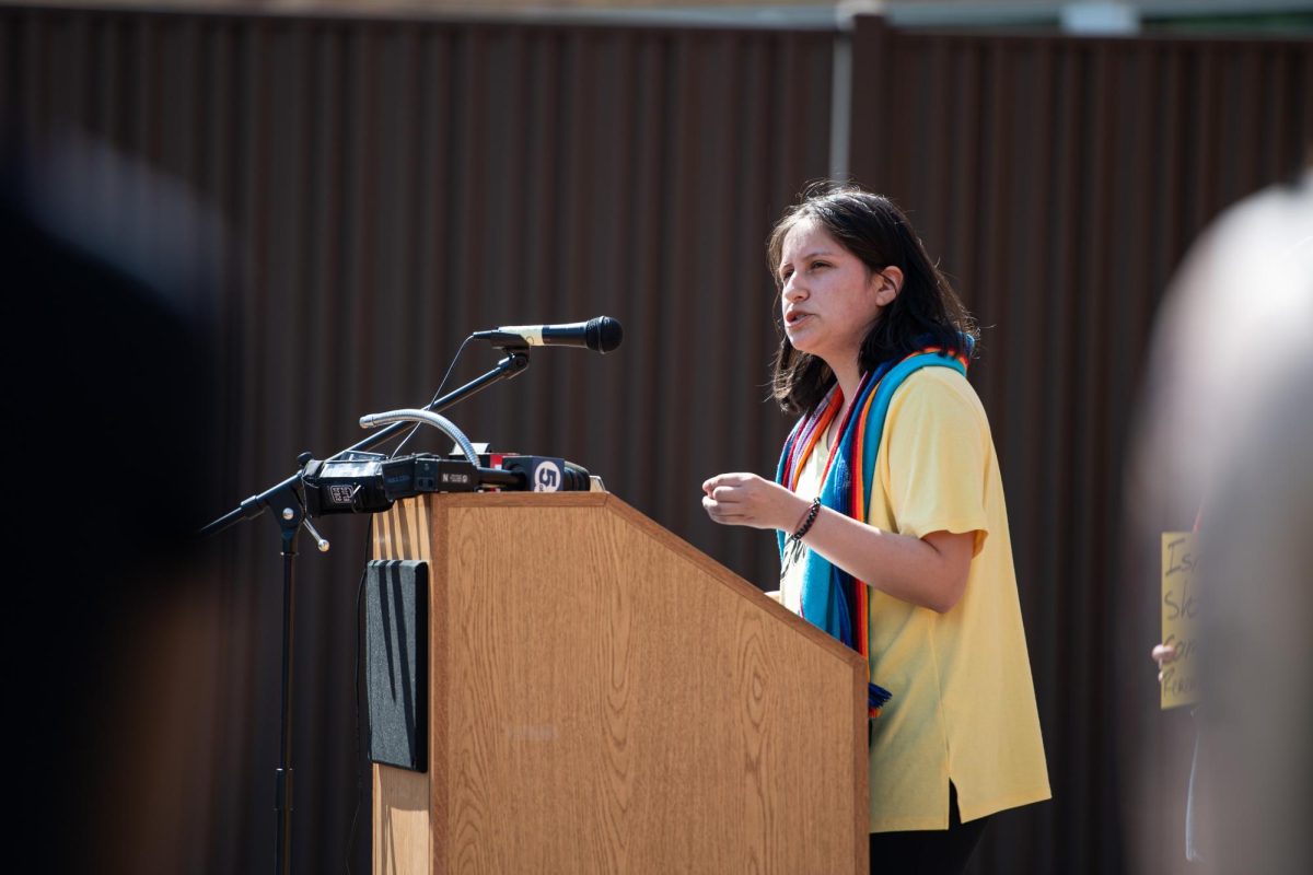 Aimee Flores, president of SALSA, speaks during a press conference regarding Kyle Rittenhouse's visit to campus April 16, 2024. 