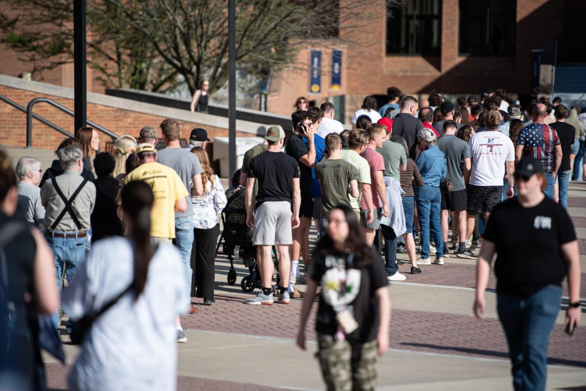 Ticket holders for Kyle Rittenhouse's speech form a line stretching from The Student Center to the CUE April 16, 2024.