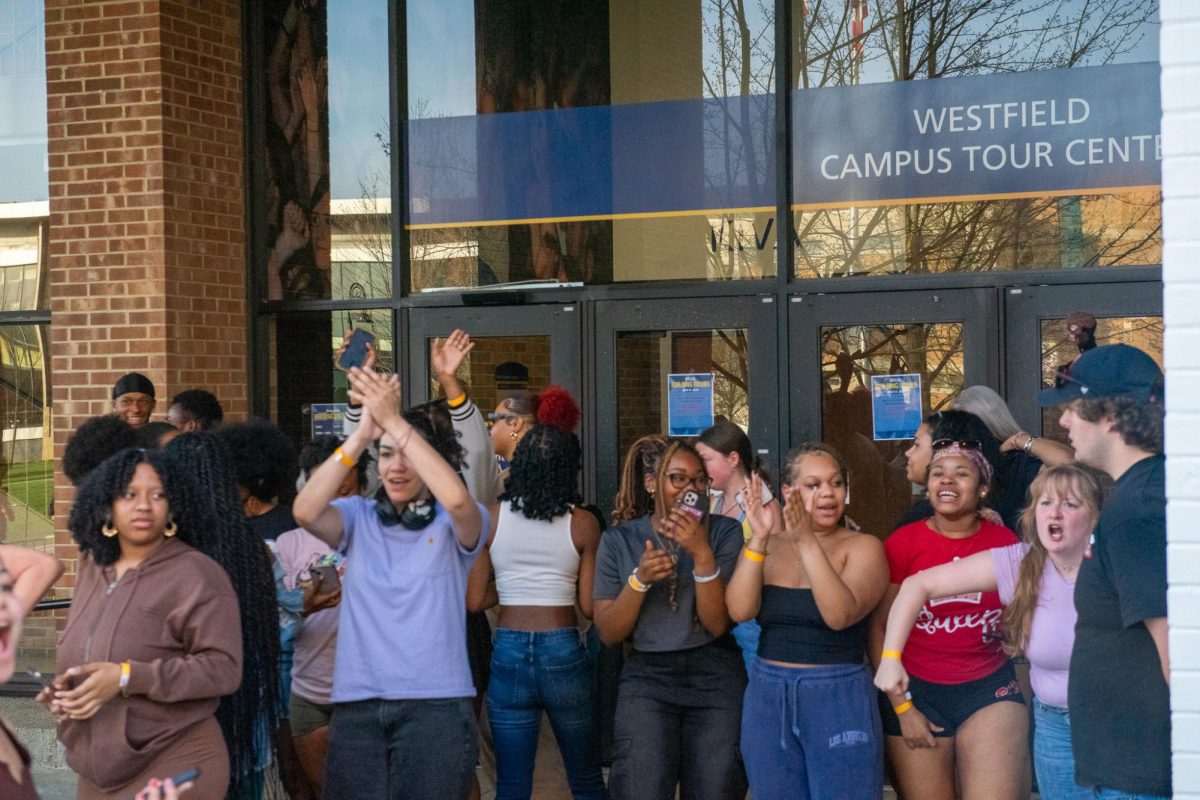 The crowd who watched The Rittenhouse Recap exit the KIVA and welcome the protestors April 16, 2024. 