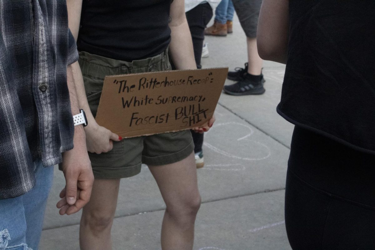 A sign at the protest on April 16, 2024 at Kent State University's campus against Kyle Rittenhouse's appearance. 