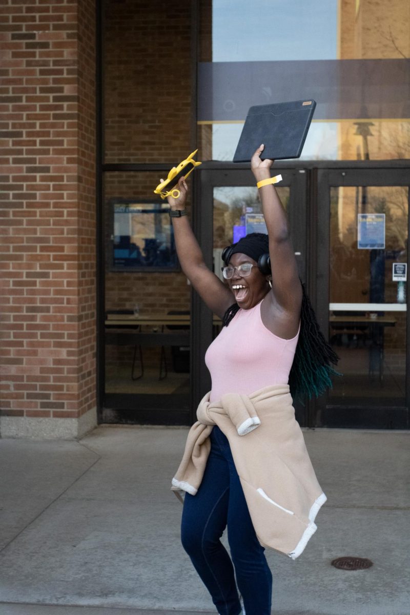 Kent State student Sophia shouts with crowd after attending The Rittenhouse Recap on April 16, 2024.