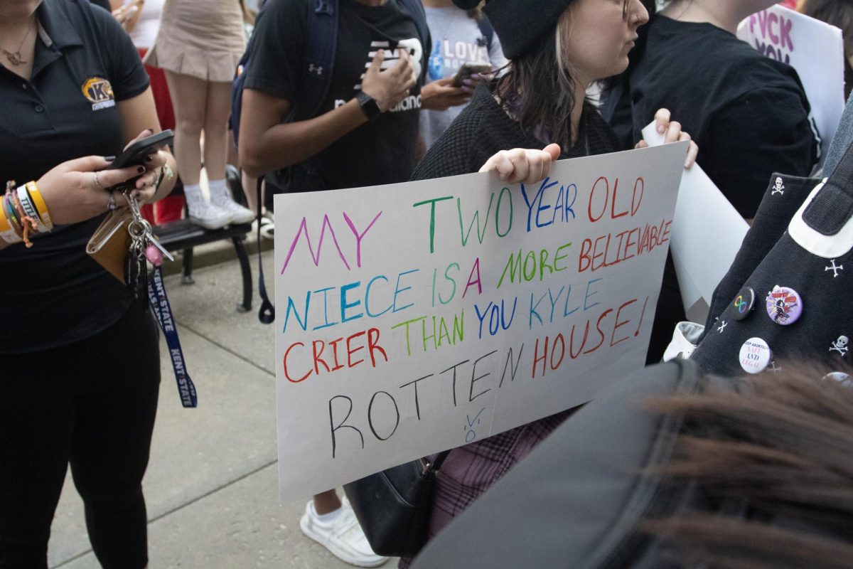 One of the signs held by protestors on April 16, 2024 at Kent State University.