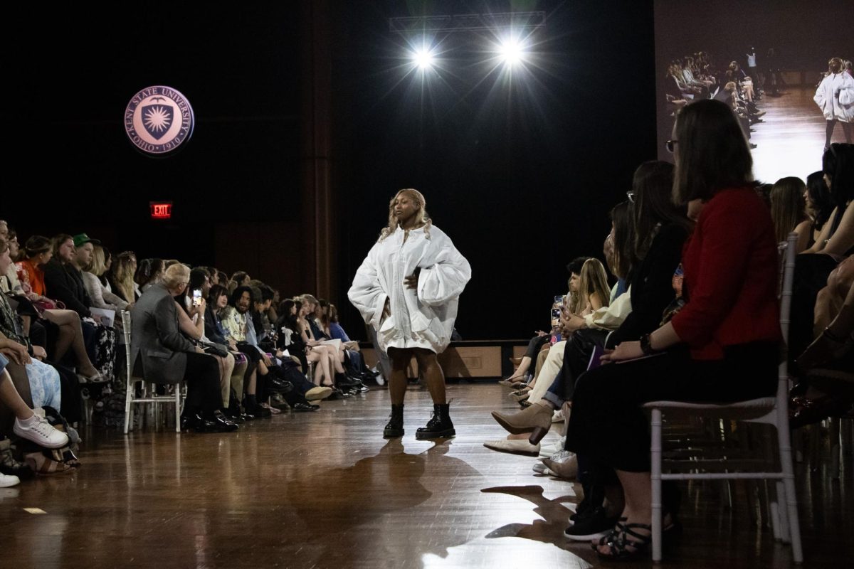 A model wearing senior fashion student's garments during the KSU Annual Fashion Show on April 25, 2024.