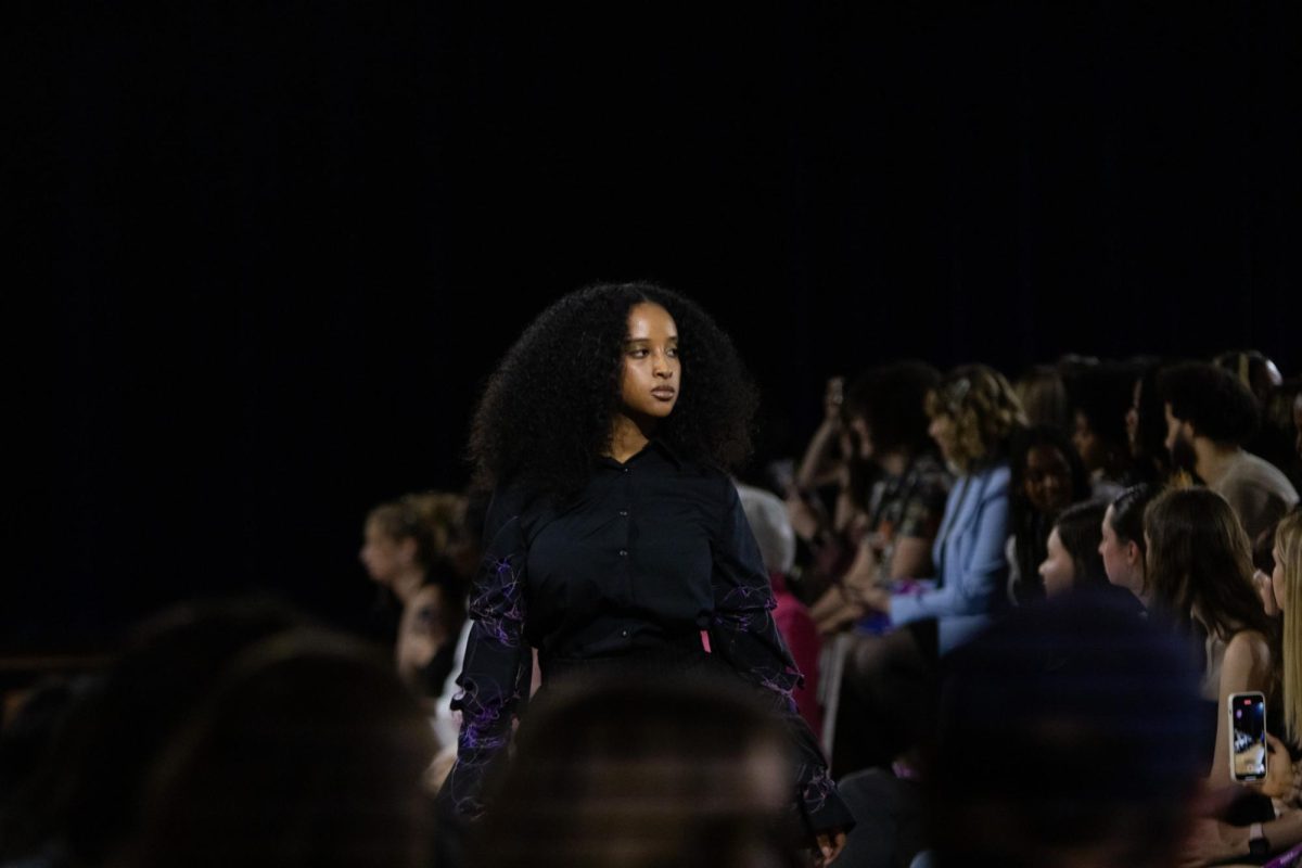 Model wears a garment designed by Lana Porche during the KSU Annual Fashion Show on April 25, 2024.