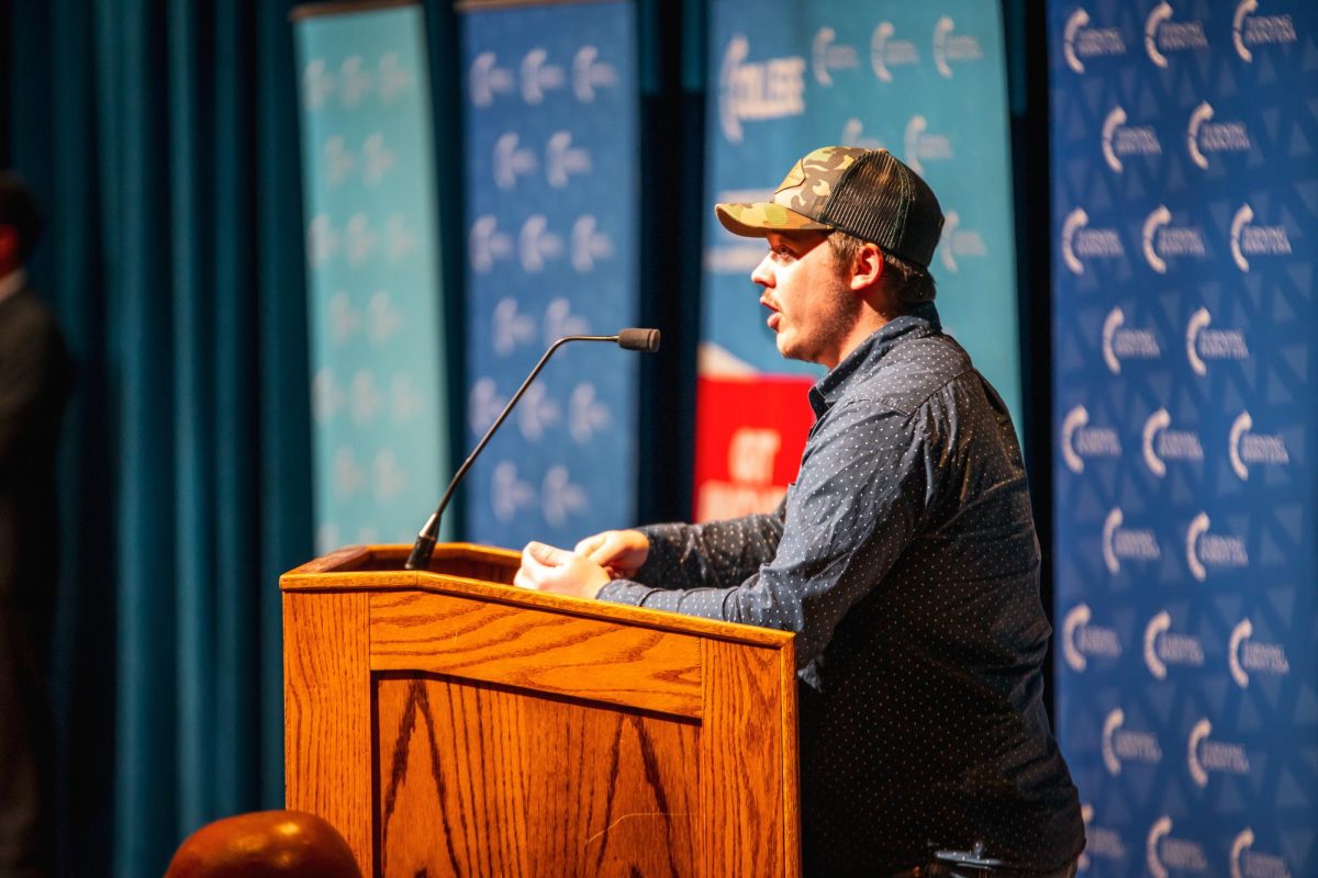 Kyle Rittenhouse talks to the audience about his experience in Kenosha, WI, on April 16, 2024.