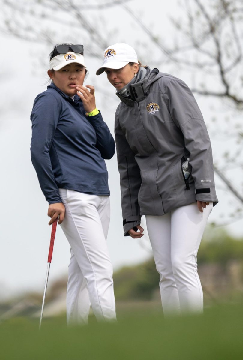 Sophomore Leon Takagi surveys the next shot with Assistant Coach Manuela Carbajo Ré during the final round of the Mid-American Conference Women's Golf Championships in Grove City, OH on April 24, 2024.