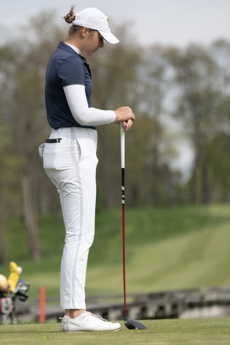 Freshman Veronika Kedroñová takes a moment before teeing off at the final round of the Mid-American Conference Championships in Grove City, OH, on April 24, 2024.