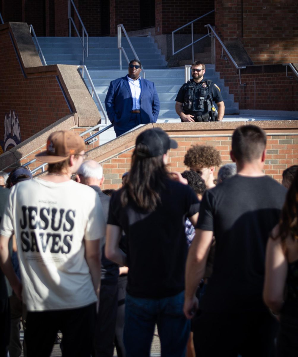 People line up to enter the KIVA to see Kyle Rittenhouse speak April 16, 2024.