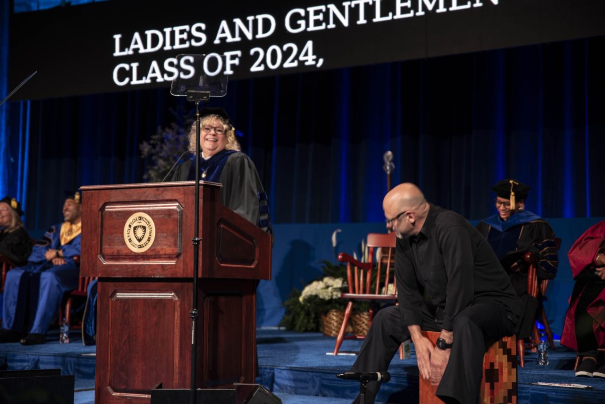 Melody Tankersley, senior vice president and provost, speaks at commencement for the College of Arts and Sciences and the College of Communication and Information on May 10, 2024, in the Memorial Athletic and Convocation Center.