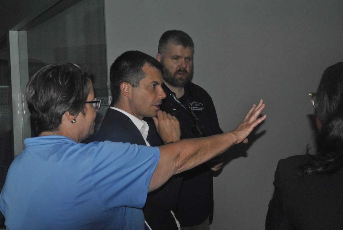 U.S Transportation Secretary Pete Buttigieg visits Kent State's new Aeronautics building, speaking with Dean of the Aeronautics college Christina Bloebaum. 