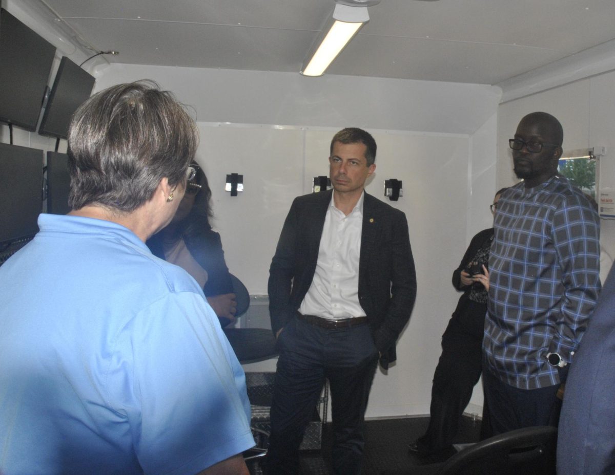 U.S Transportation Secretary Pete Buttigieg visits Kent State's new Aeronautics building with Dean of the Aeronautics college Christina Bloebaum. 