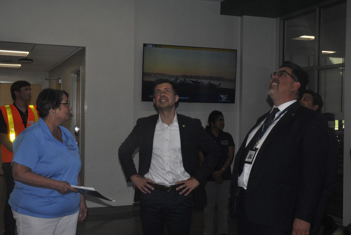 U.S Transportation Secretary Pete Buttigieg visits Kent State's new Aeronautics building and gets a demonstration of drones flying through the halls.