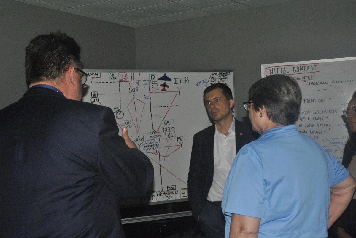 U.S Transportation Secretary Pete Buttigieg visits Kent State's new Aeronautics building walking through the runway in the lower level of the building. 