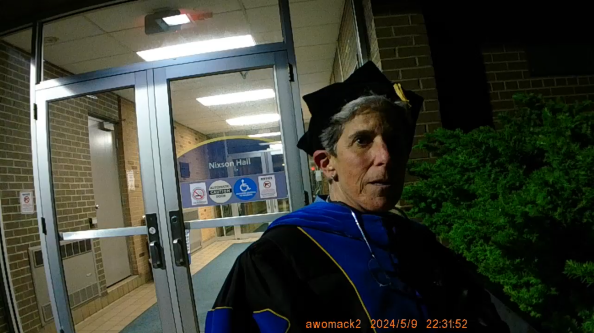 Ellen Glickman, then-director of Kent State University School of Health Sciences, called 911 on May 9, 2024, to tell police she was locked out of Nixson Hall and had to use the bathroom. | Screen grab from police body camera footage