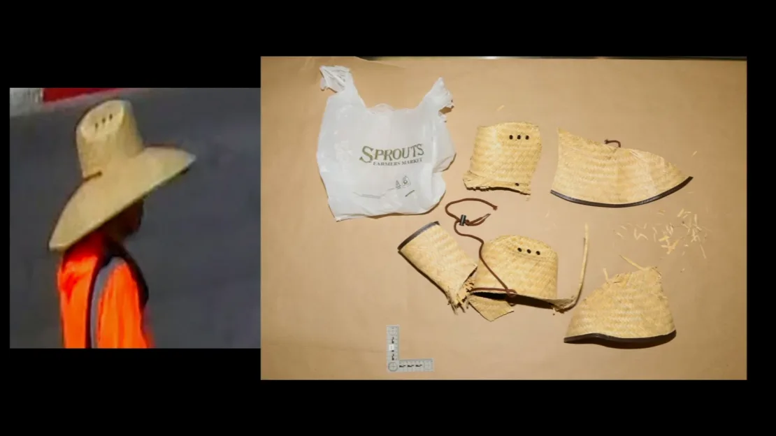 Surveillance video of the murder suspect, left, compared to a straw hat cut into pieces, right, that was found in a search of Robert Telles' home. 