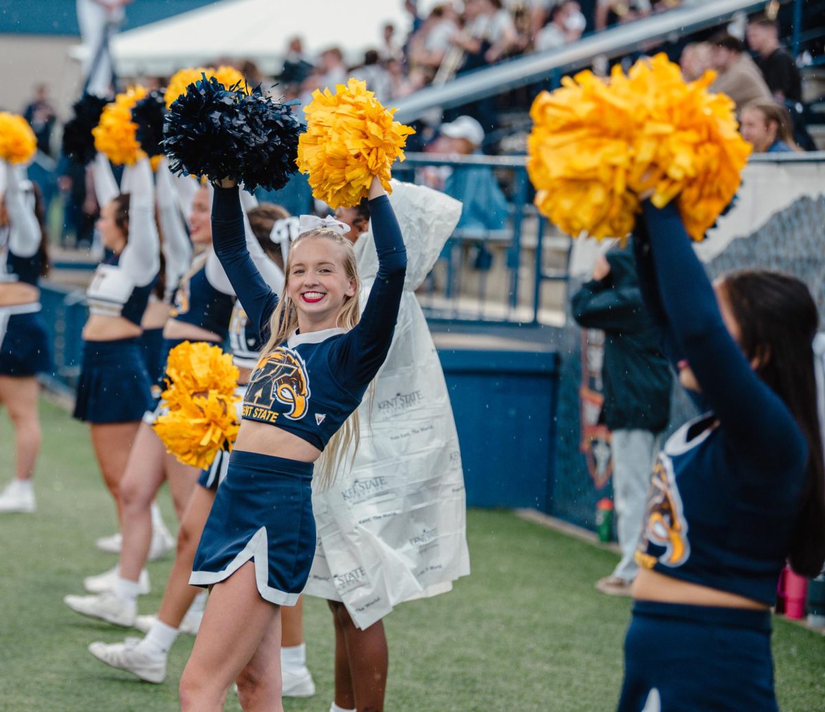 Kent State Cheerleaders cheering on Kent State Football at their game against Eastern Michigan University. Sept. 28, 2024.