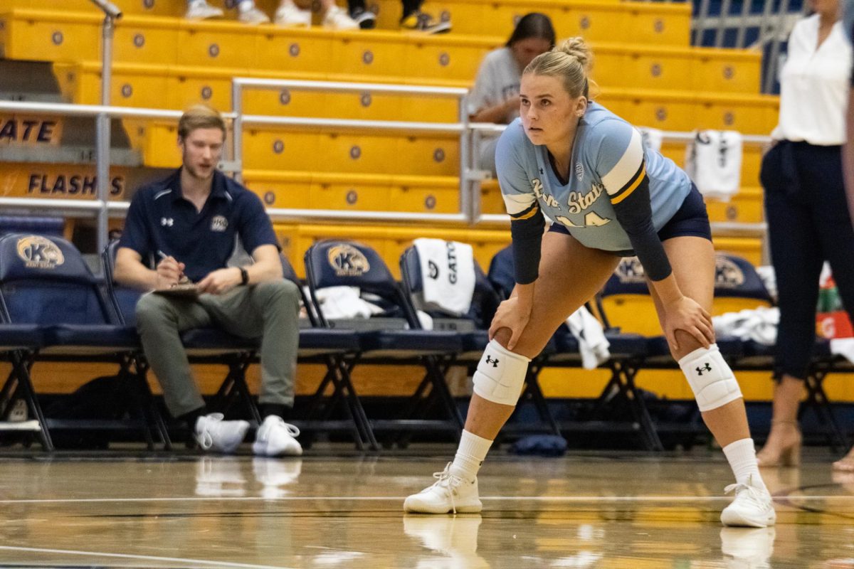 Defensive Specialist/Libero Tylee Fuller waits to receive the serve from Cleveland State University on Sep. 19, 2024.